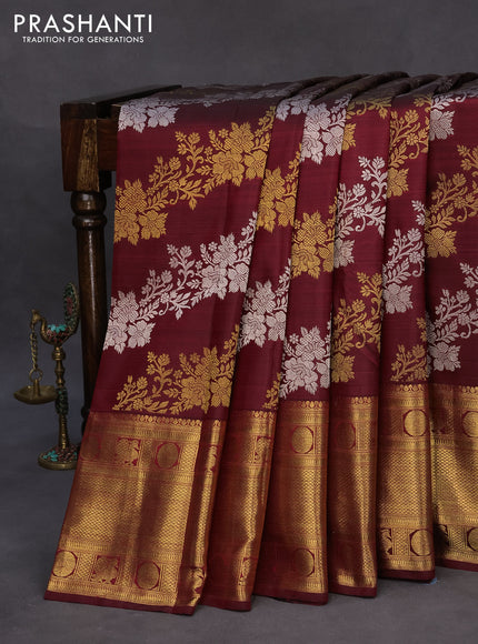 Pure kanchipuram silk saree maroon with allover silver & gold floral weaves and long zari woven border