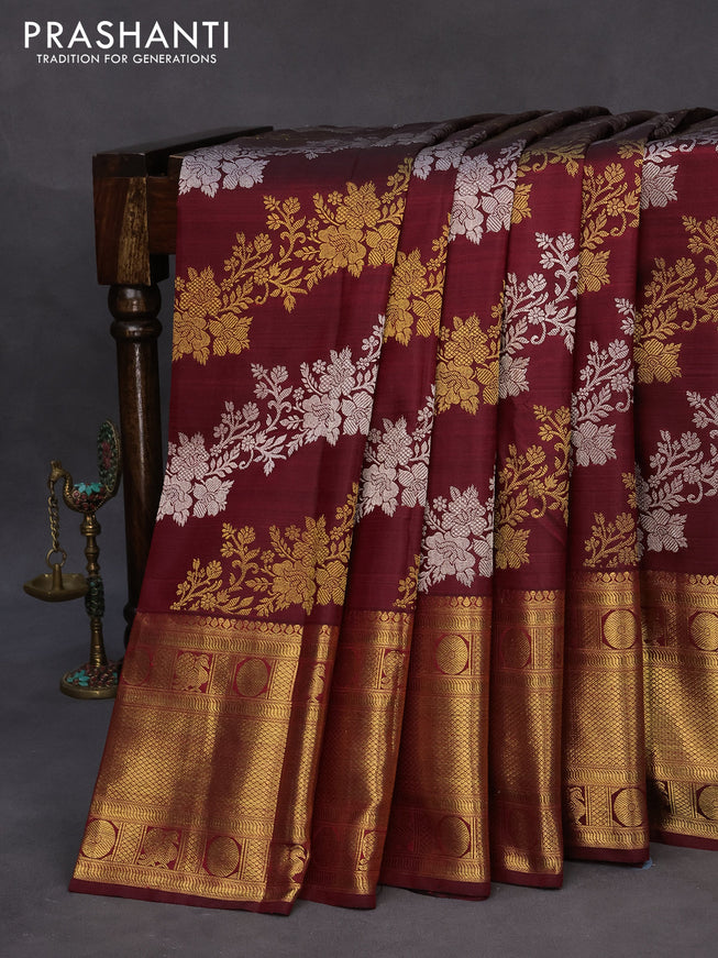 Pure kanchipuram silk saree maroon with allover silver & gold floral weaves and long zari woven border