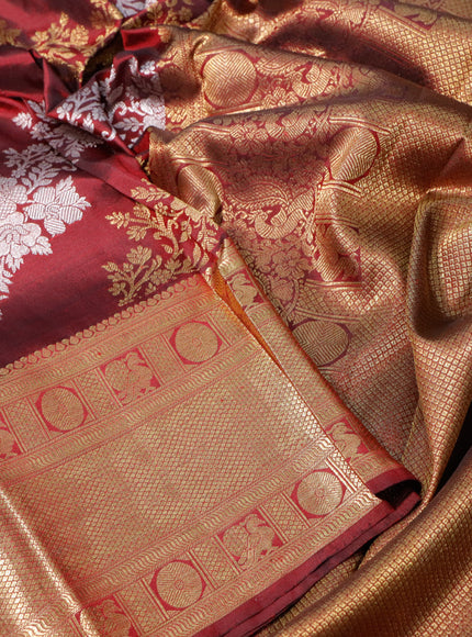 Pure kanchipuram silk saree maroon with allover silver & gold floral weaves and long zari woven border