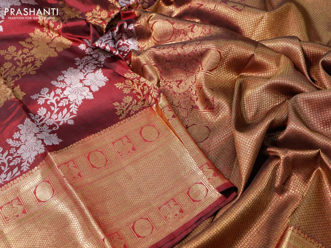 Pure kanchipuram silk saree maroon with allover silver & gold floral weaves and long zari woven border