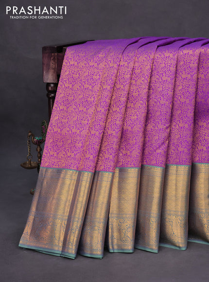 Pure kanchipuram silk saree purple and pastel blue with allover zari woven vanasingaram brocade weaves and long rich zari woven border