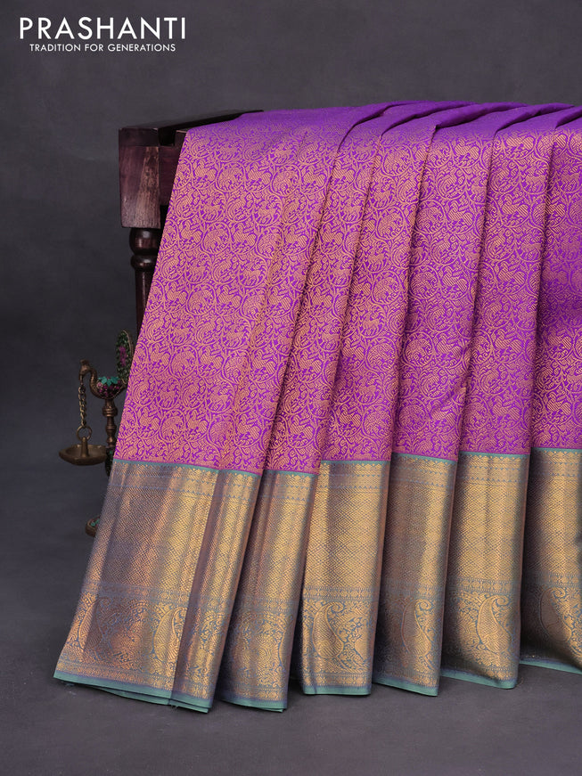 Pure kanchipuram silk saree purple and pastel blue with allover zari woven vanasingaram brocade weaves and long rich zari woven border