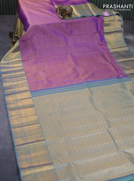 Pure kanchipuram silk saree purple and pastel blue with allover zari woven vanasingaram brocade weaves and long rich zari woven border