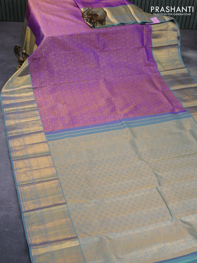 Pure kanchipuram silk saree purple and pastel blue with allover zari woven vanasingaram brocade weaves and long rich zari woven border