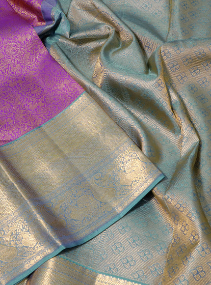 Pure kanchipuram silk saree purple and pastel blue with allover zari woven vanasingaram brocade weaves and long rich zari woven border