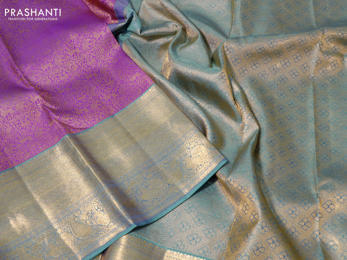 Pure kanchipuram silk saree purple and pastel blue with allover zari woven vanasingaram brocade weaves and long rich zari woven border