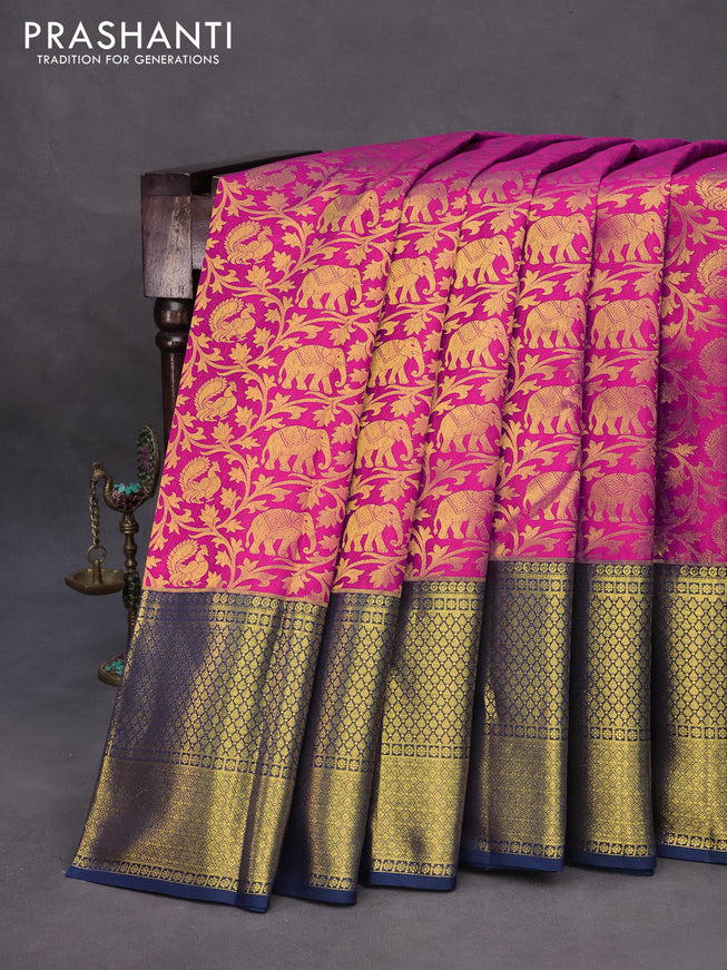 Pure kanchipuram silk saree dark pink and peacock blue with allover zari woven elephant design brocade weaves and long zari woven border