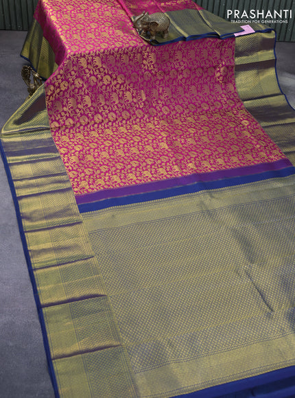 Pure kanchipuram silk saree dark pink and peacock blue with allover zari woven elephant design brocade weaves and long zari woven border