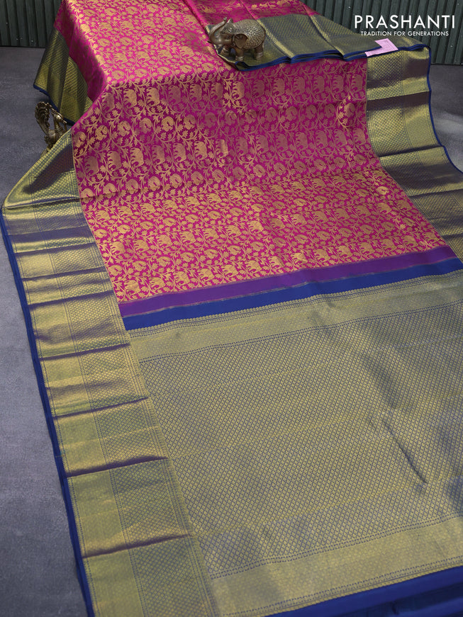 Pure kanchipuram silk saree dark pink and peacock blue with allover zari woven elephant design brocade weaves and long zari woven border