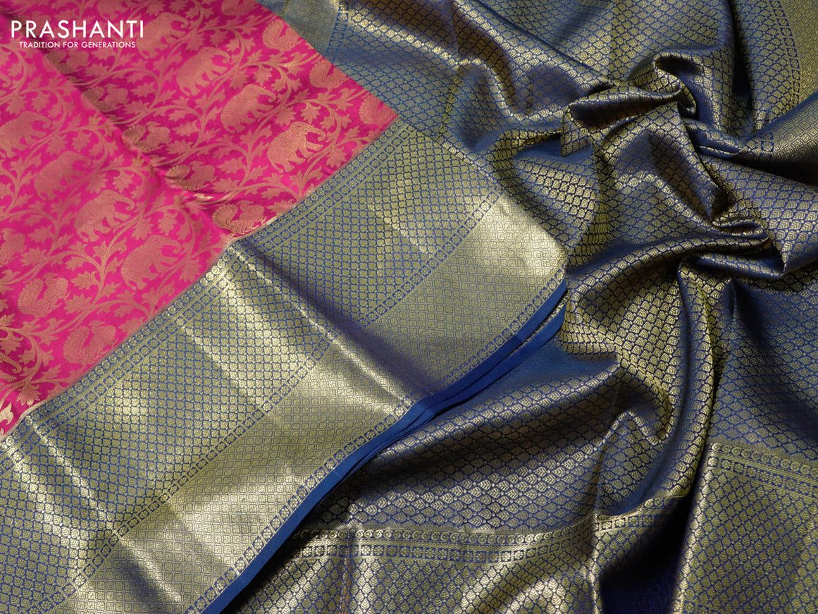 Pure kanchipuram silk saree dark pink and peacock blue with allover zari woven elephant design brocade weaves and long zari woven border