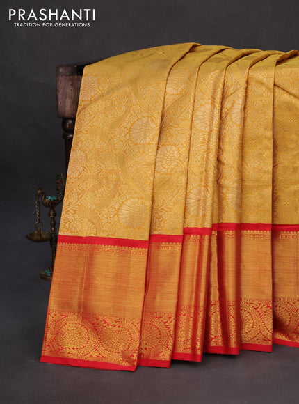 Pure kanchipuram tissue silk saree mustard yellow and red with allover zari woven brocade weaves and long zari woven border