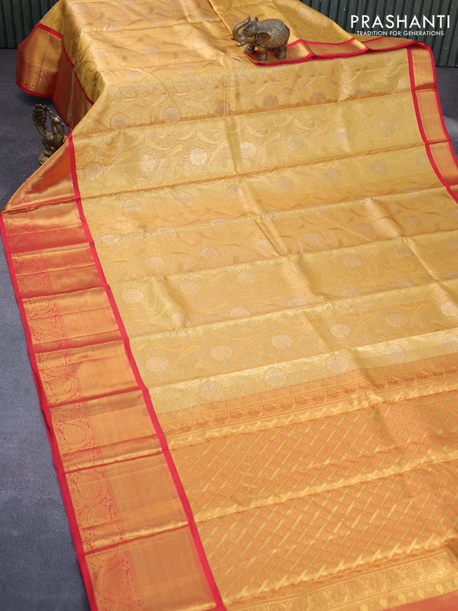 Pure kanchipuram tissue silk saree mustard yellow and red with allover zari woven brocade weaves and long zari woven border