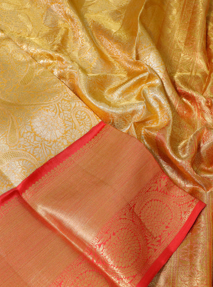 Pure kanchipuram tissue silk saree mustard yellow and red with allover zari woven brocade weaves and long zari woven border