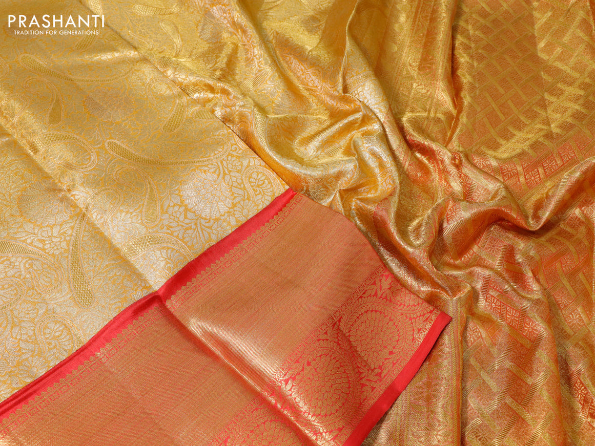 Pure kanchipuram tissue silk saree mustard yellow and red with allover zari woven brocade weaves and long zari woven border