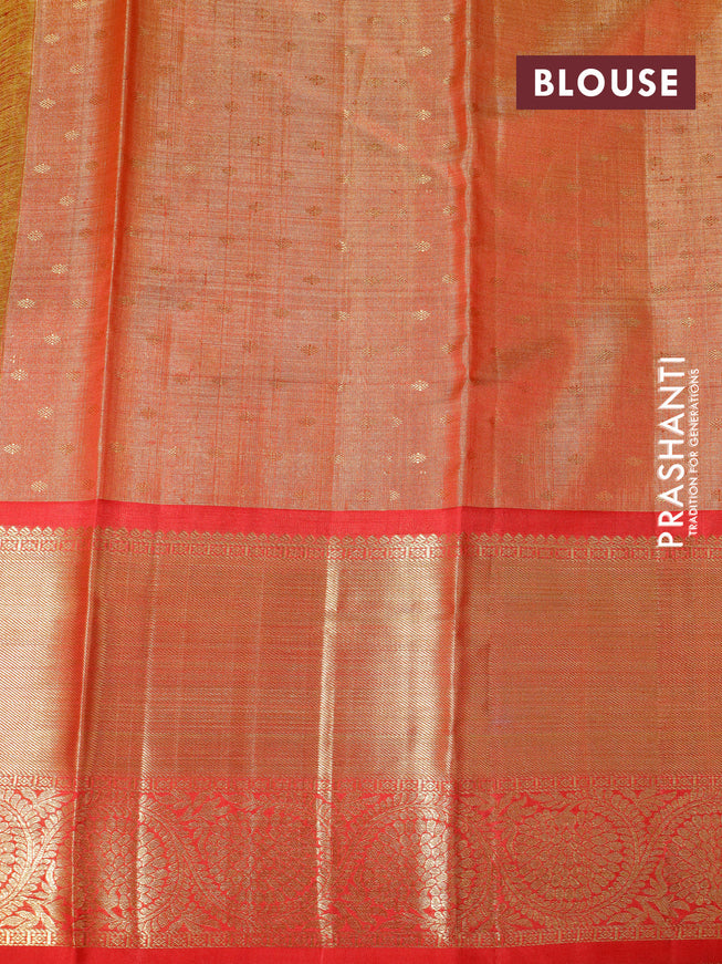 Pure kanchipuram tissue silk saree mustard yellow and red with allover zari woven brocade weaves and long zari woven border