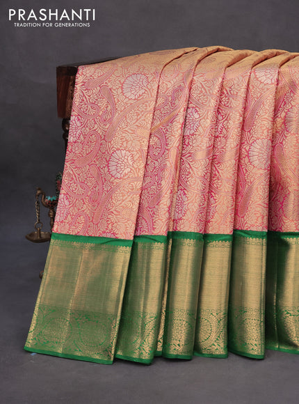 Pure kanchipuram tissue silk saree dual shade of pink and green with allover zari woven brocade weaves and long zari woven border