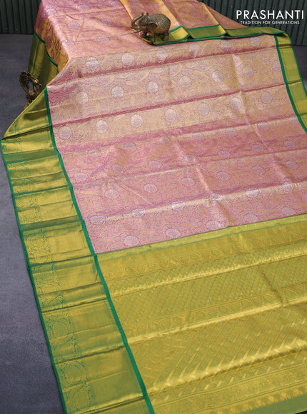 Pure kanchipuram tissue silk saree dual shade of pink and green with allover zari woven brocade weaves and long zari woven border