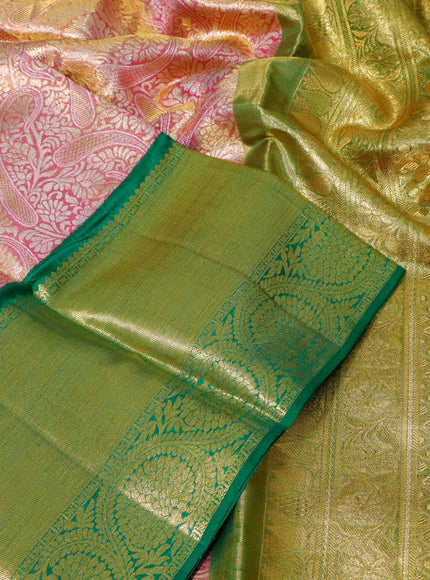 Pure kanchipuram tissue silk saree dual shade of pink and green with allover zari woven brocade weaves and long zari woven border