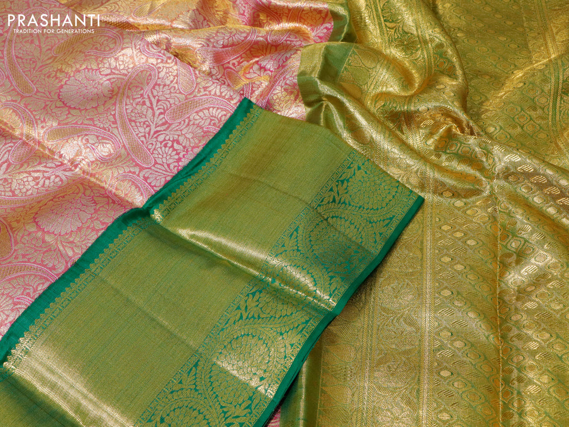 Pure kanchipuram tissue silk saree dual shade of pink and green with allover zari woven brocade weaves and long zari woven border