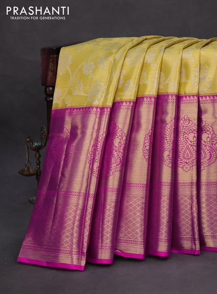 Pure kanchipuram tissue silk saree yellow and pink with allover zari woven brocade weaves and long zari woven border