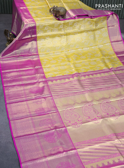 Pure kanchipuram tissue silk saree yellow and pink with allover zari woven brocade weaves and long zari woven border