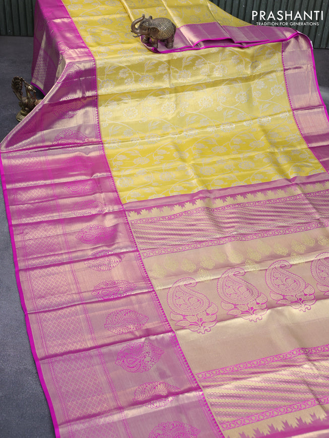 Pure kanchipuram tissue silk saree yellow and pink with allover zari woven brocade weaves and long zari woven border