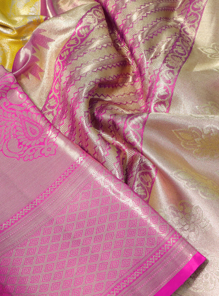 Pure kanchipuram tissue silk saree yellow and pink with allover zari woven brocade weaves and long zari woven border