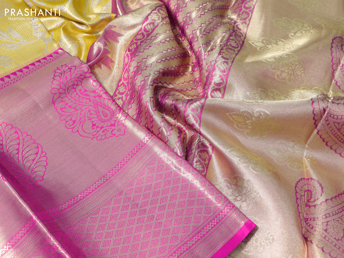 Pure kanchipuram tissue silk saree yellow and pink with allover zari woven brocade weaves and long zari woven border