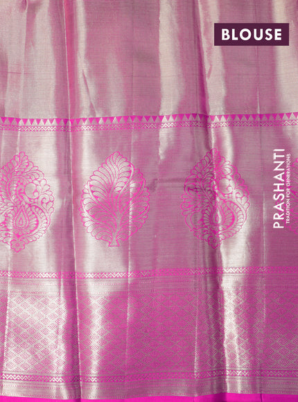 Pure kanchipuram tissue silk saree yellow and pink with allover zari woven brocade weaves and long zari woven border