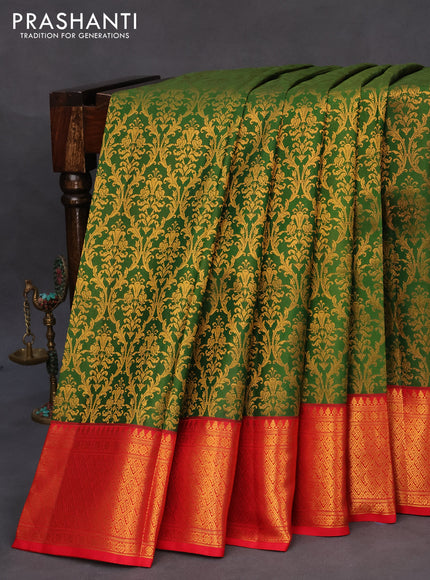 Pure kanchipuram silk saree green and red with allover zari woven brocade weaves and zari woven border