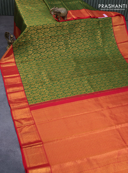 Pure kanchipuram silk saree green and red with allover zari woven brocade weaves and zari woven border