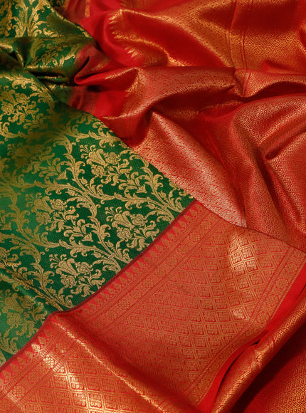 Pure kanchipuram silk saree green and red with allover zari woven brocade weaves and zari woven border