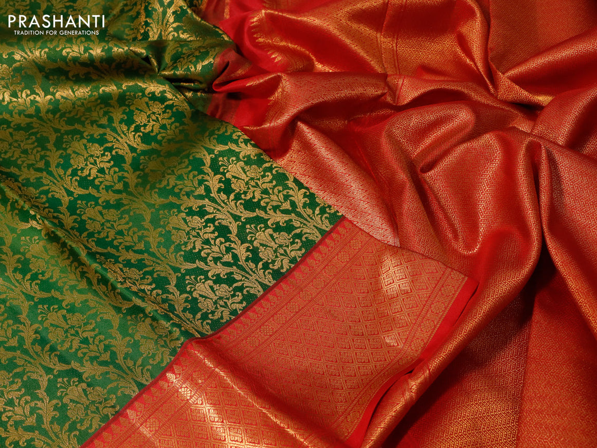 Pure kanchipuram silk saree green and red with allover zari woven brocade weaves and zari woven border