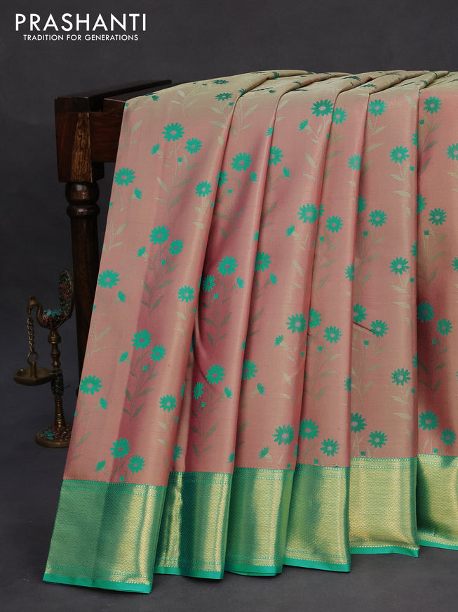 Pure kanchipuram silk saree pastel pink and teal blue with allover thread weaves and zari woven border