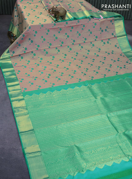 Pure kanchipuram silk saree pastel pink and teal blue with allover thread weaves and zari woven border