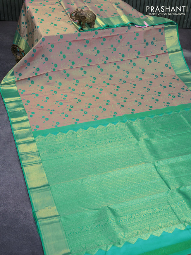 Pure kanchipuram silk saree pastel pink and teal blue with allover thread weaves and zari woven border