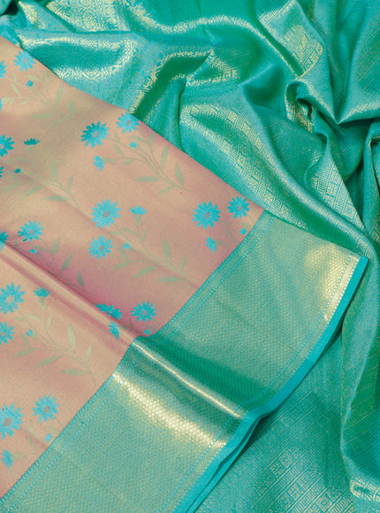 Pure kanchipuram silk saree pastel pink and teal blue with allover thread weaves and zari woven border