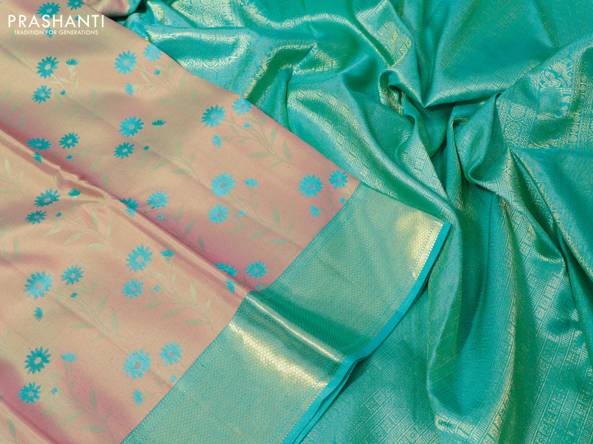 Pure kanchipuram silk saree pastel pink and teal blue with allover thread weaves and zari woven border