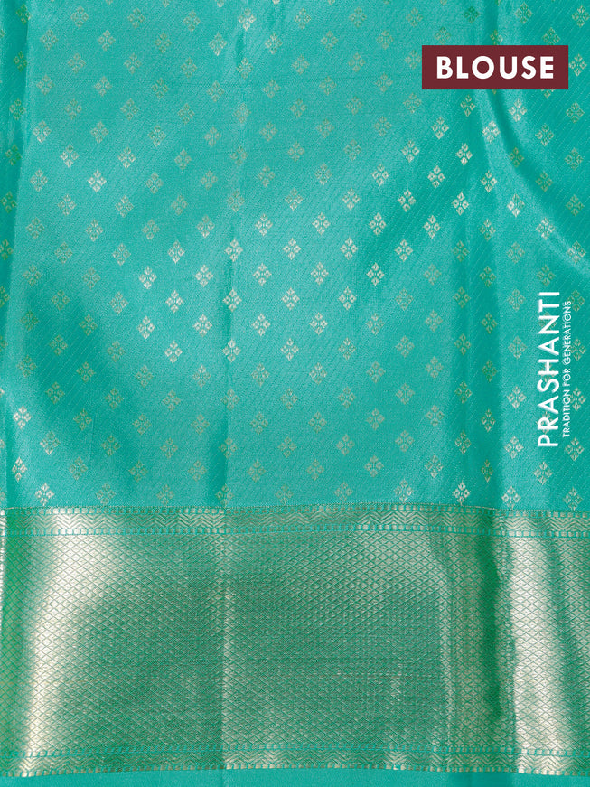 Pure kanchipuram silk saree pastel pink and teal blue with allover thread weaves and zari woven border