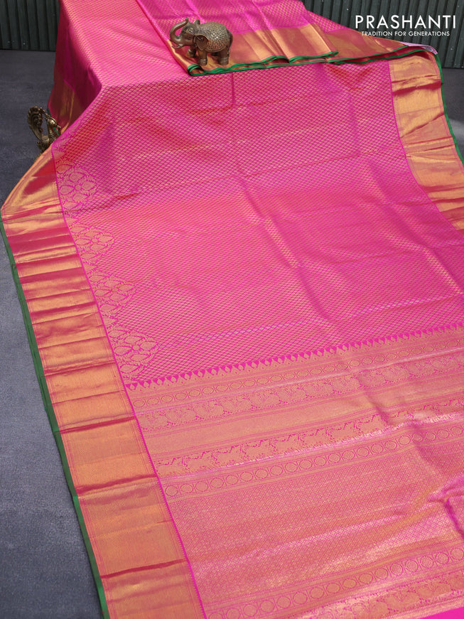 Pure kanchipuram silk saree pink and green with allover zari woven butta weaves and zari woven border