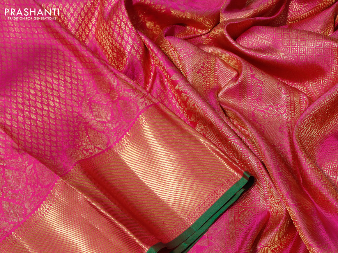 Pure kanchipuram silk saree pink and green with allover zari woven butta weaves and zari woven border