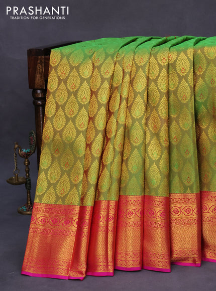 Pure kanchipuram silk saree dual shade of green and pink with allover zari woven butta weaves and zari woven border