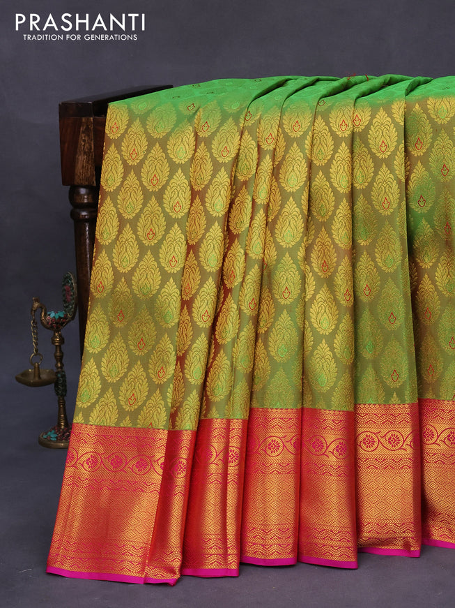 Pure kanchipuram silk saree dual shade of green and pink with allover zari woven butta weaves and zari woven border