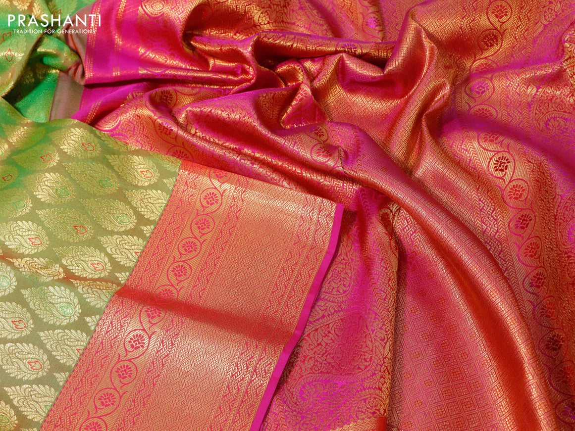 Pure kanchipuram silk saree dual shade of green and pink with allover zari woven butta weaves and zari woven border