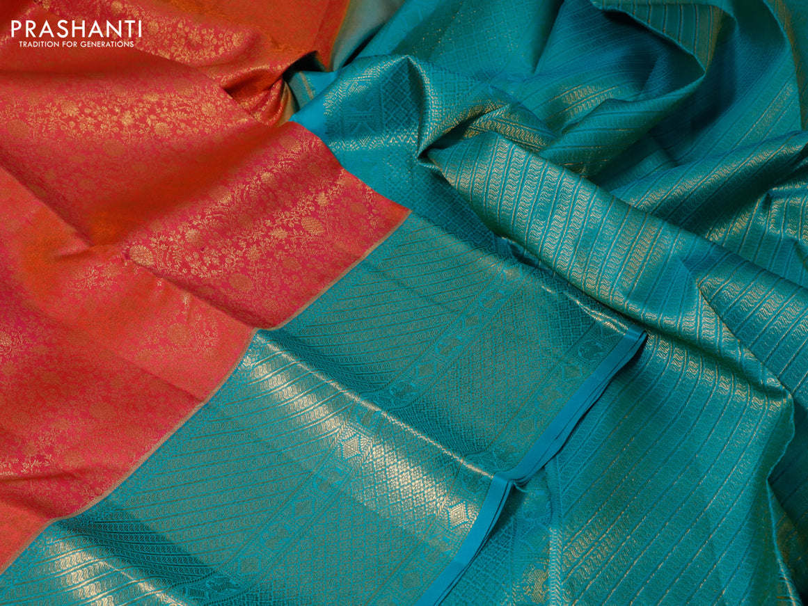 Pure kanchipuram silk saree dual shade of pinkish orange and teal green with allover zari woven brocade weaves and long zari woven border