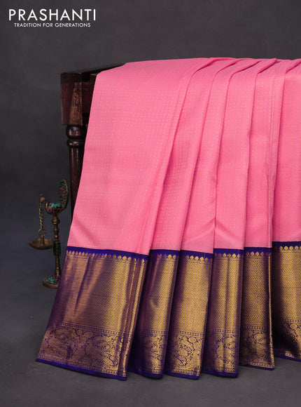 Pure kanchipuram silk saree light pink and blue with allover zari butta weaves and long zari woven border