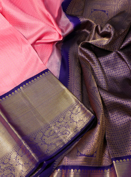 Pure kanchipuram silk saree light pink and blue with allover zari butta weaves and long zari woven border