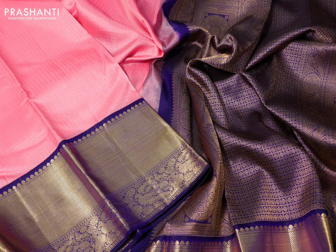 Pure kanchipuram silk saree light pink and blue with allover zari butta weaves and long zari woven border