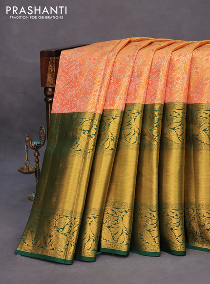 Pure kanchipuram tissue silk saree peach orange and green with allover zari woven brocade weaves and long zari woven border