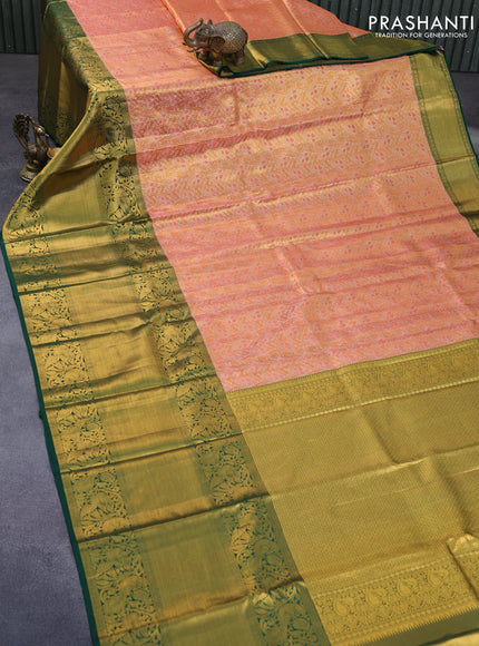 Pure kanchipuram tissue silk saree peach orange and green with allover zari woven brocade weaves and long zari woven border